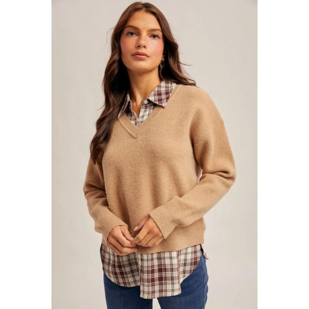 NWT Hem & Thread Womens Small Tan V-Neck Plaid Layered Look Sweater, Size S